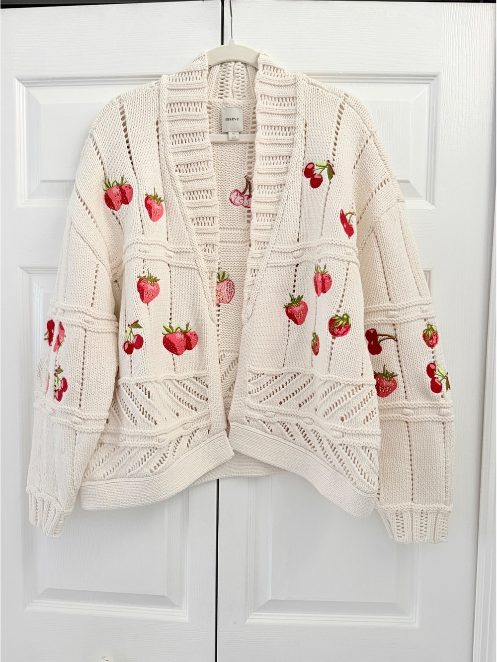 Anthropologie Maeve Embroidered Icon Cardigan Sweater Strawberry Cherry XL NWT